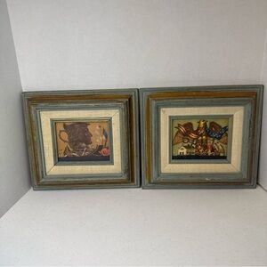 Pair of Rustic Blue & Cream Framed patriotic Folk Art Prints